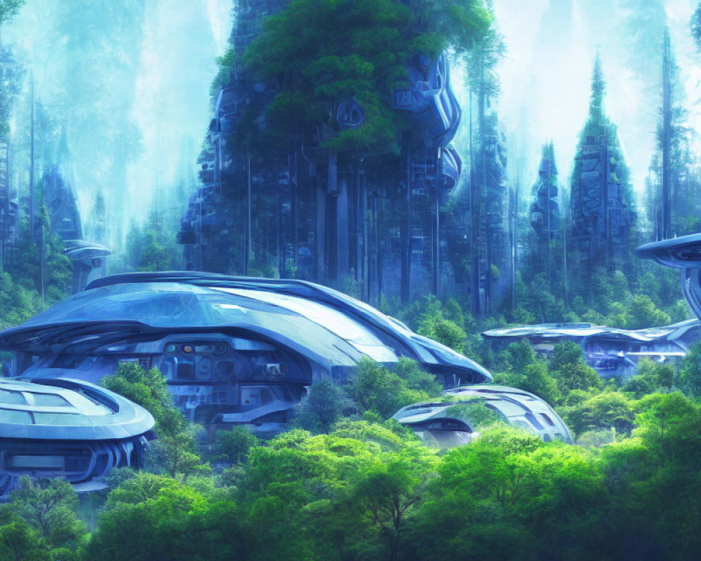Futuristic city in lush forest with advanced dome-shaped buildings