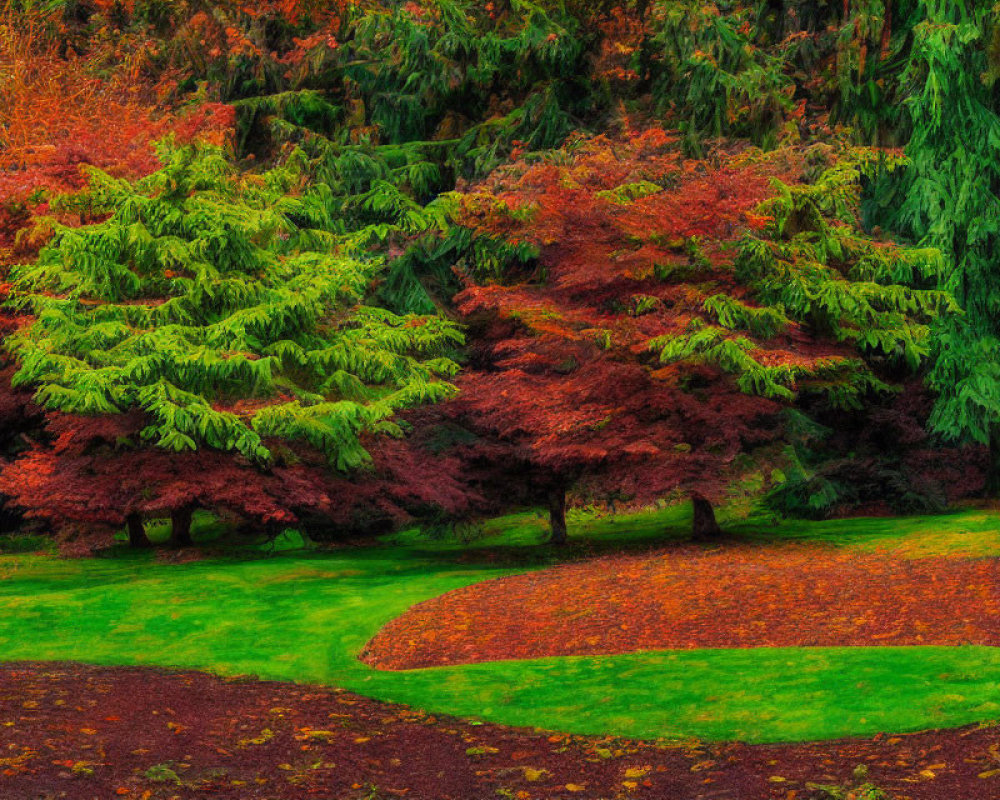 Park scenery: Vibrant autumn colors, red and green trees, fallen leaves on lush grass