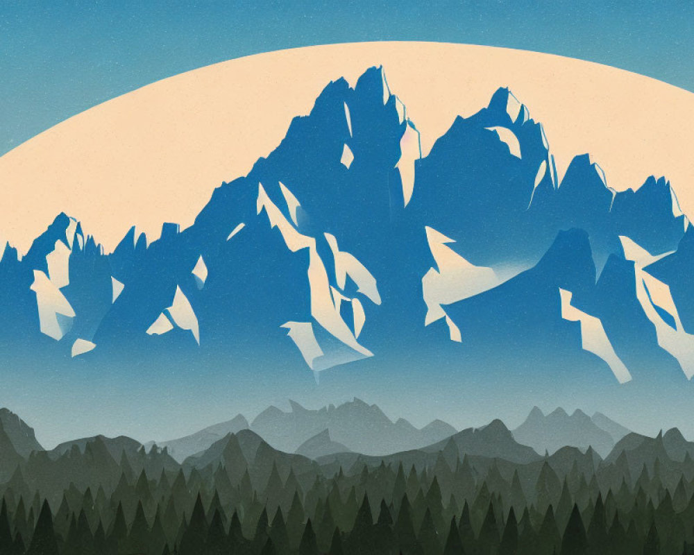 Mountain Range with Snow-Peaks and Moon Over Forest Silhouettes