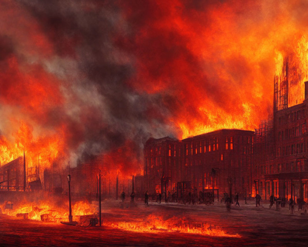 Urban fire scene: dramatic night view with buildings ablaze and silhouettes in fiery glow