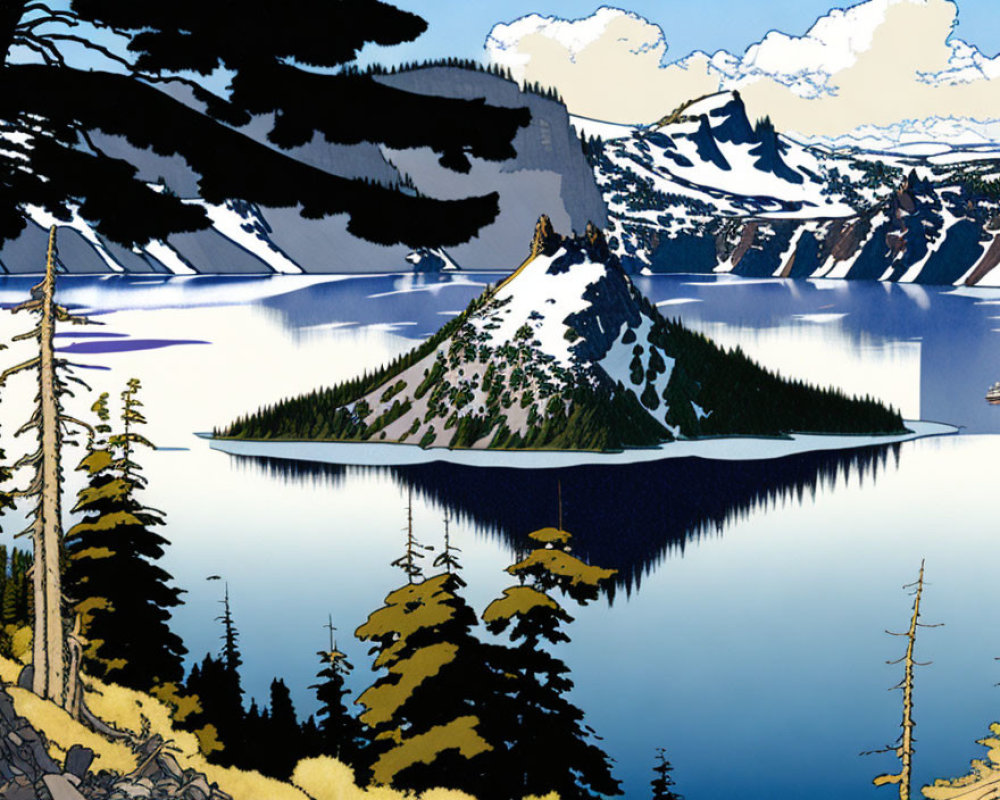Scenic mountain lake with island, pine trees, and snow-capped peaks