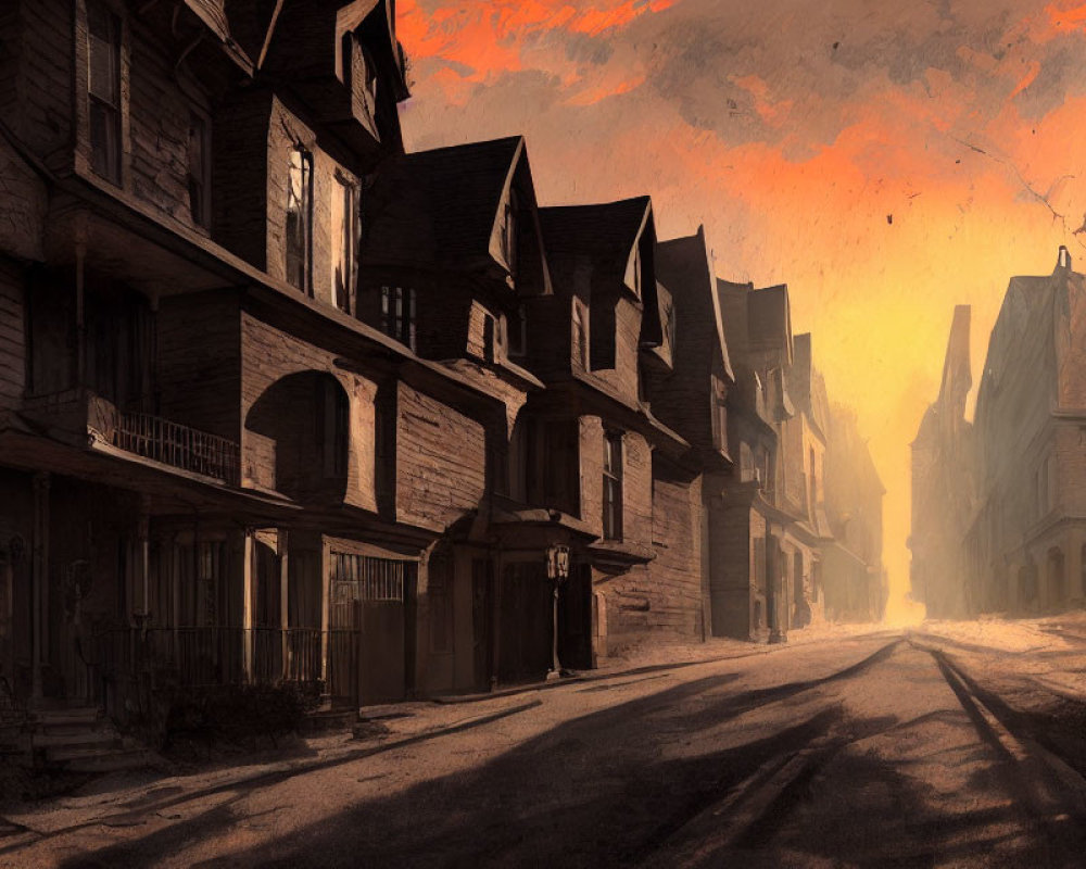 Vintage houses on empty old town street at sunset with dramatic orange sky and antique street lamps, evoking