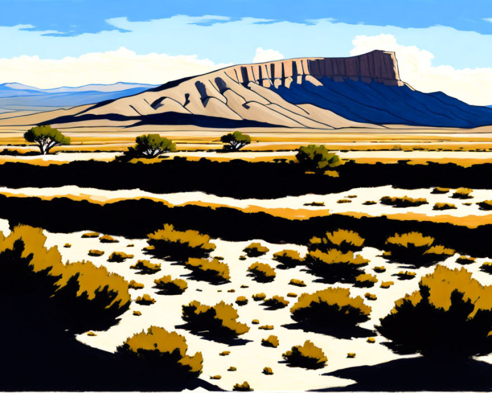 Desert landscape painting with mesa, yellow grass, trees, and blue sky
