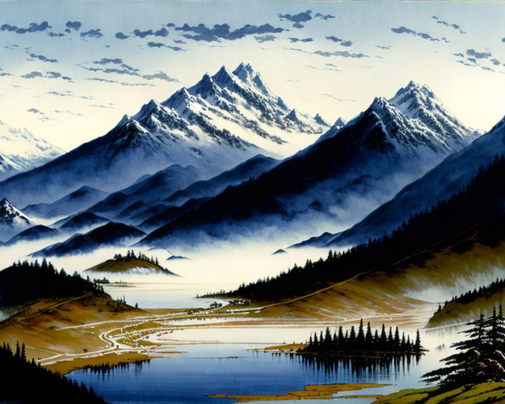 Snowy Peaks and Serene Lake in Tranquil Landscape Painting