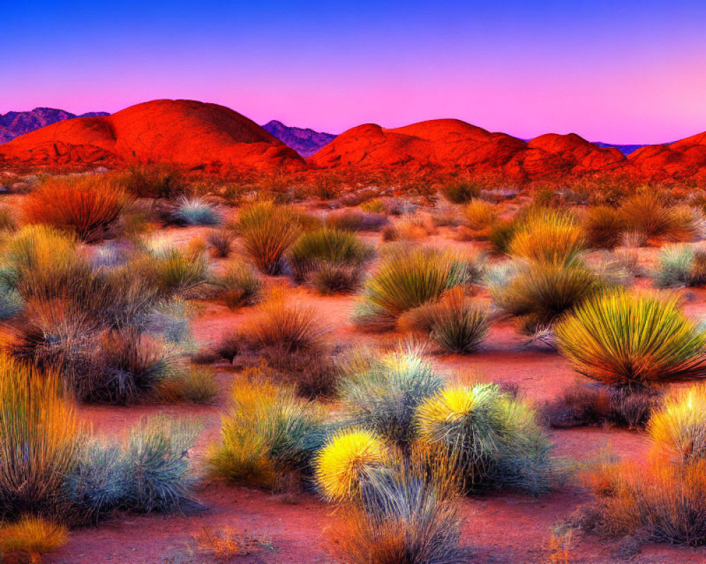 Vibrant Purple Twilight Desert Landscape with Silhouetted Mountains