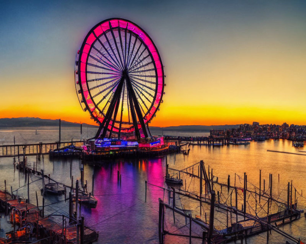 Vibrant sunset behind illuminated Ferris wheel and harbor scene