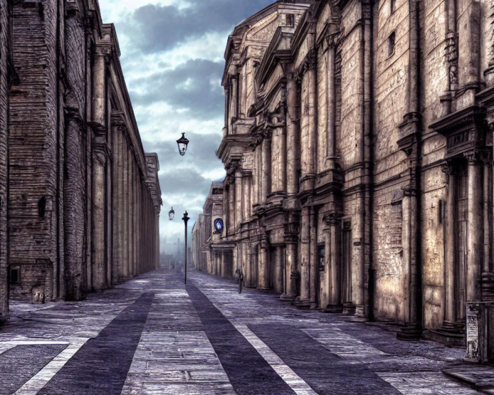 Desolate cobblestone street with old buildings and a street lamp under dramatic sky