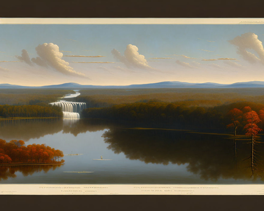 Tranquil landscape painting: wide waterfall, forest, billowing clouds, calm river.