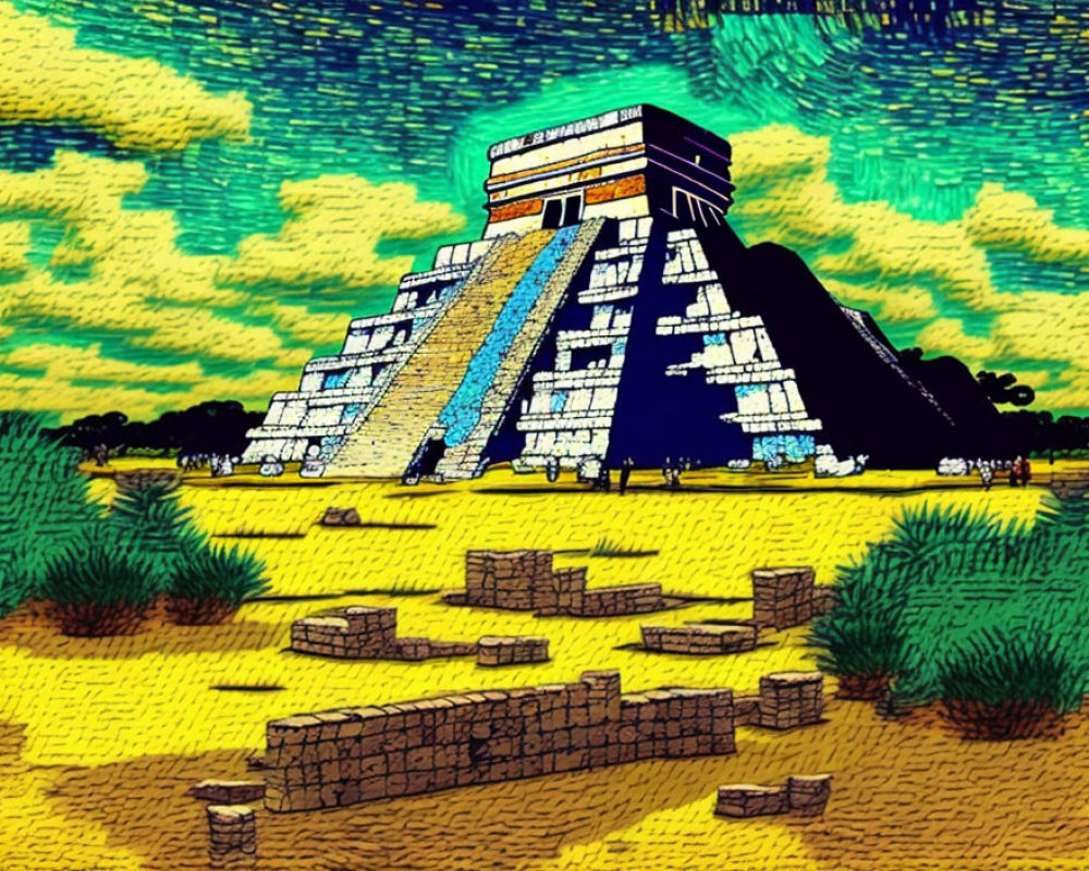 Colorful stylized Mayan pyramid at Chichen Itza with textured quality