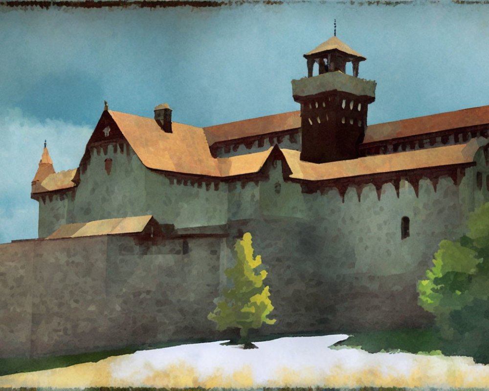 Medieval castle watercolor with tower, battlements, and tree