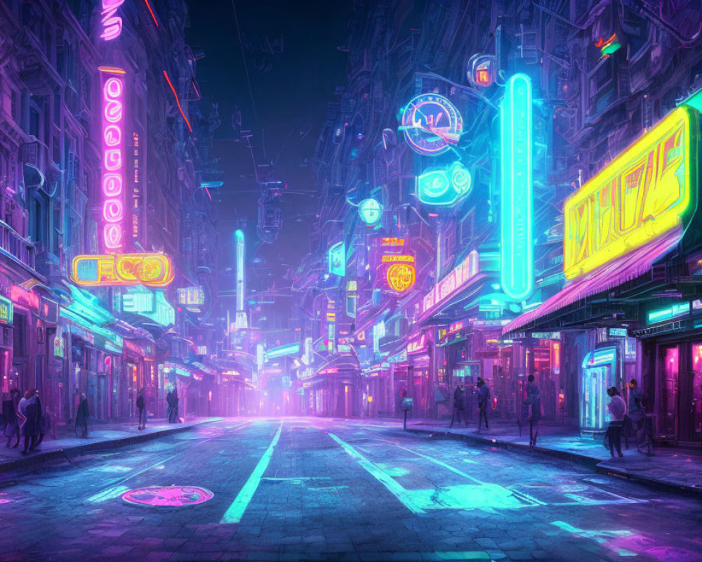 Vibrant cyberpunk cityscape: neon signs, people, futuristic architecture.