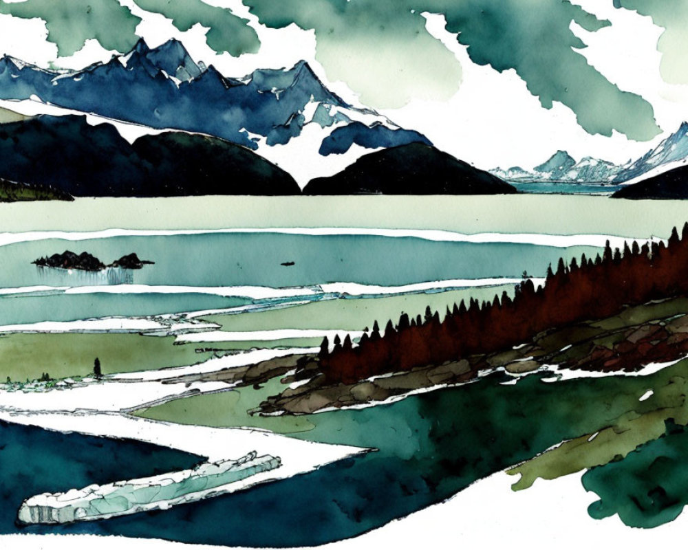 Serene landscape watercolor painting with layered mountains, calm lake, and lush greenery