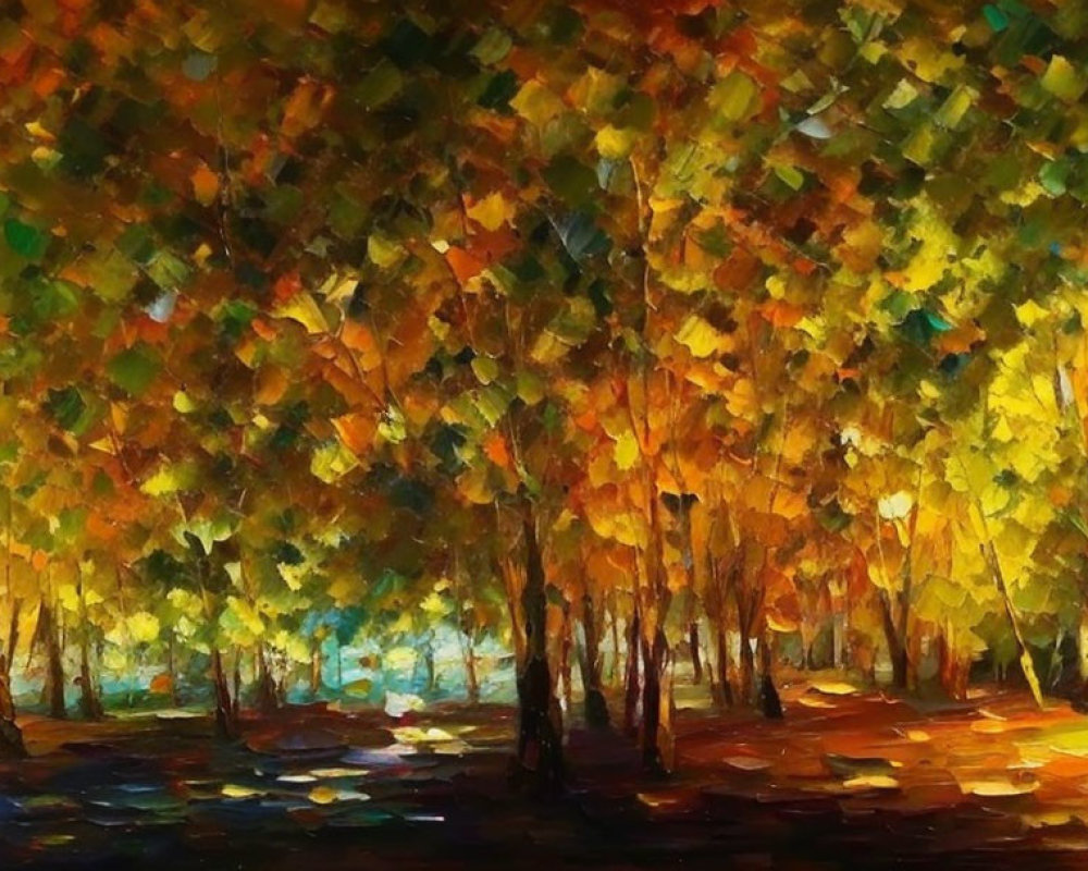 Vibrant Autumnal Forest Painting with Dappled Sunlight