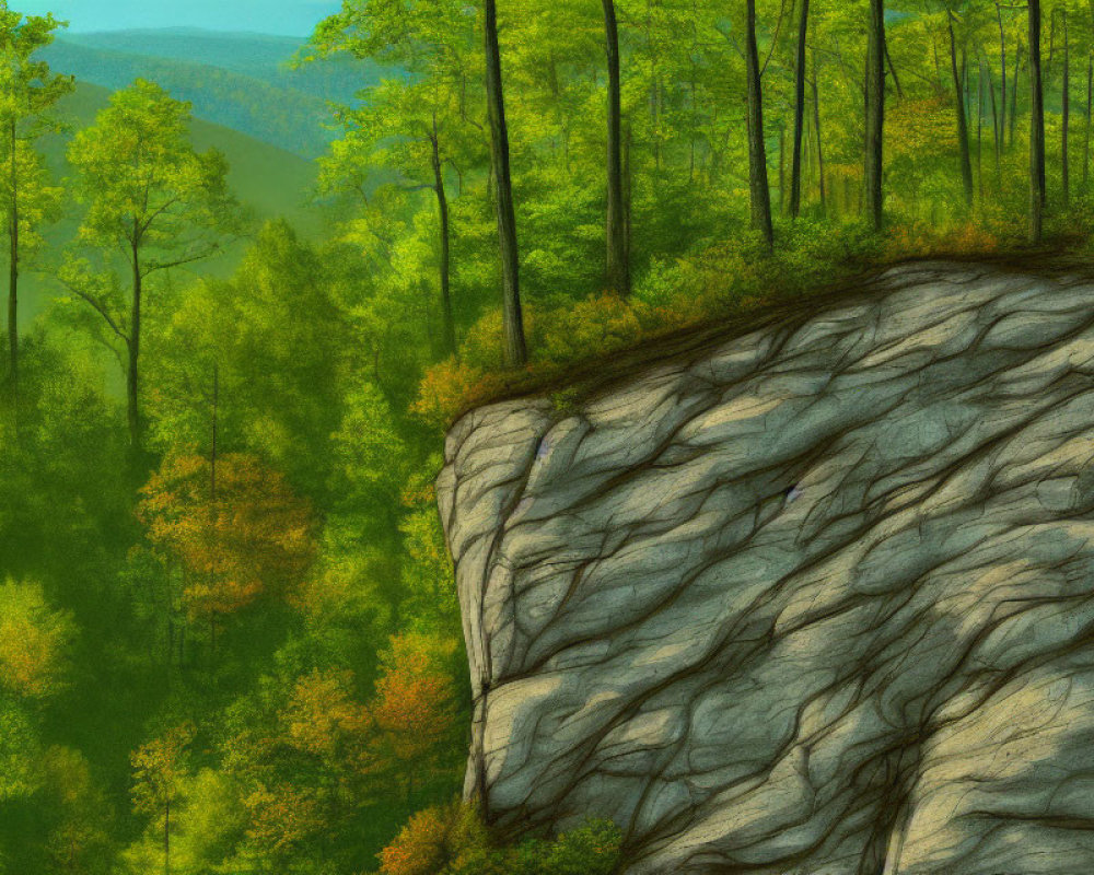 Vibrant green forest with diverse foliage under bright sky and intricate cliff patterns