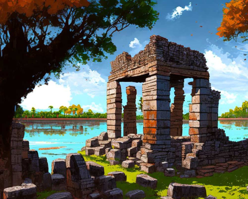 Ancient stone ruins with columns near serene lake under vibrant sky