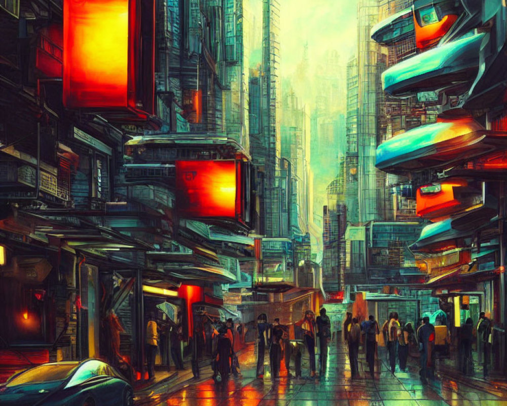 Futuristic cyberpunk cityscape with neon signs and flying cars