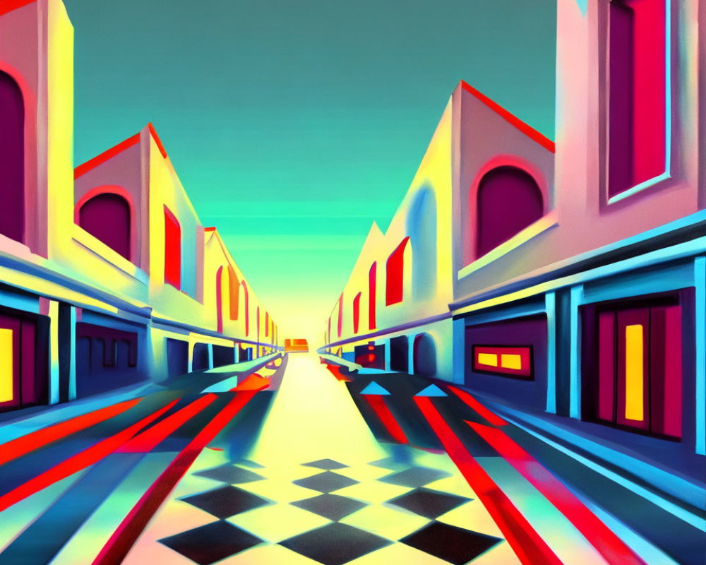 Colorful Surreal Street Scene with Checkered Floors and Neon Colors