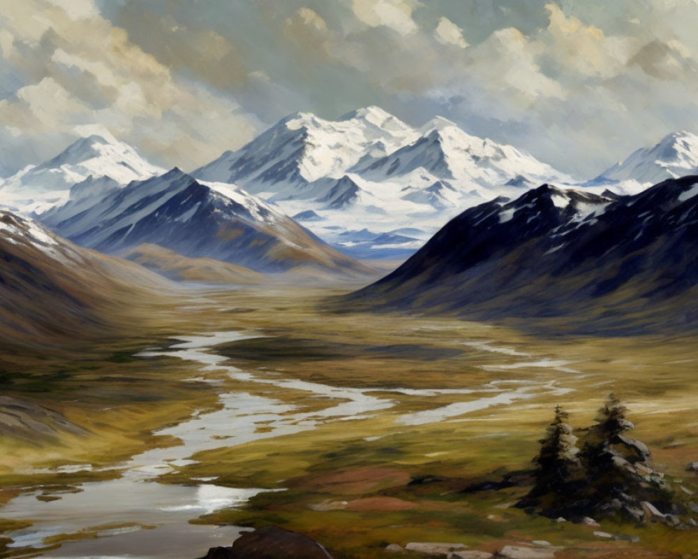 Snow-capped mountains and meandering river in serene landscape