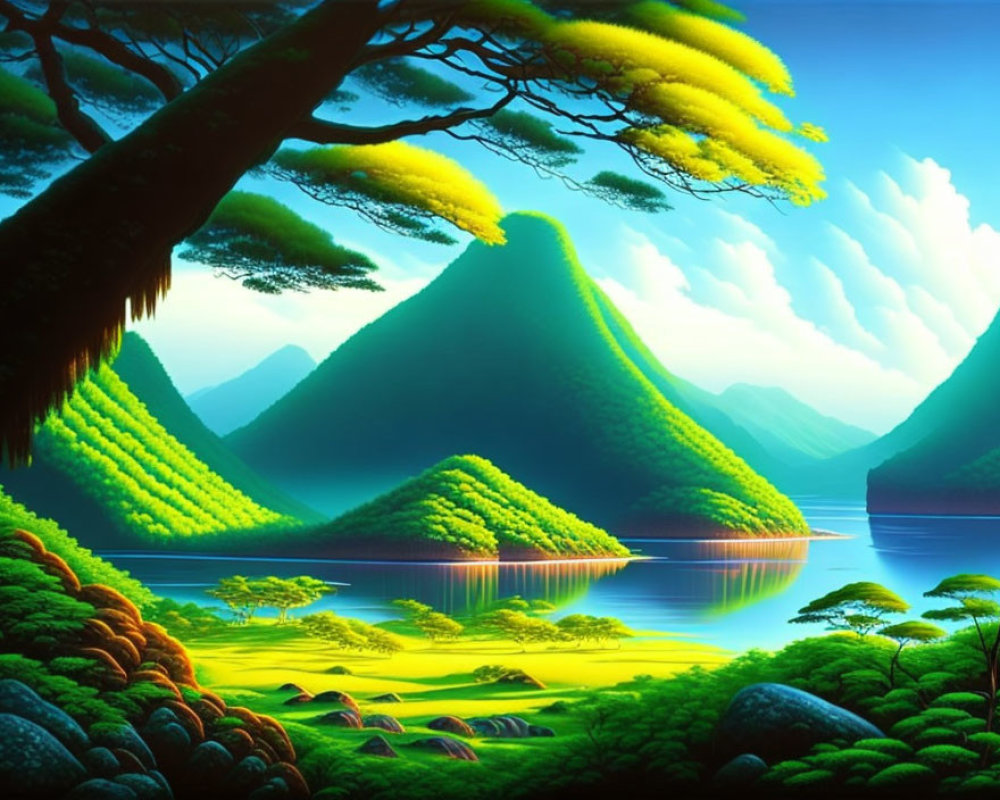 Serene landscape with green mountains and blue sky