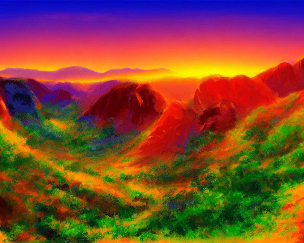 Colorful Digital Painting of Red Mountains at Sunset
