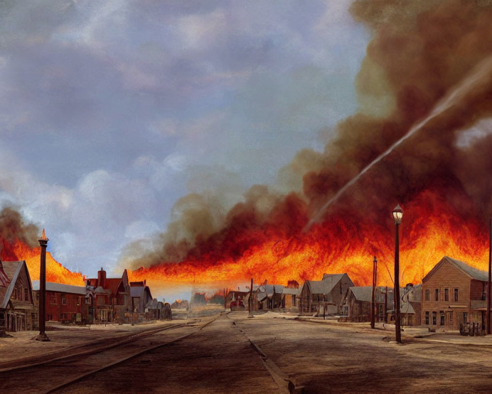 Historical 19th-Century Town Fire Scene with Billowing Smoke and Visible Flames