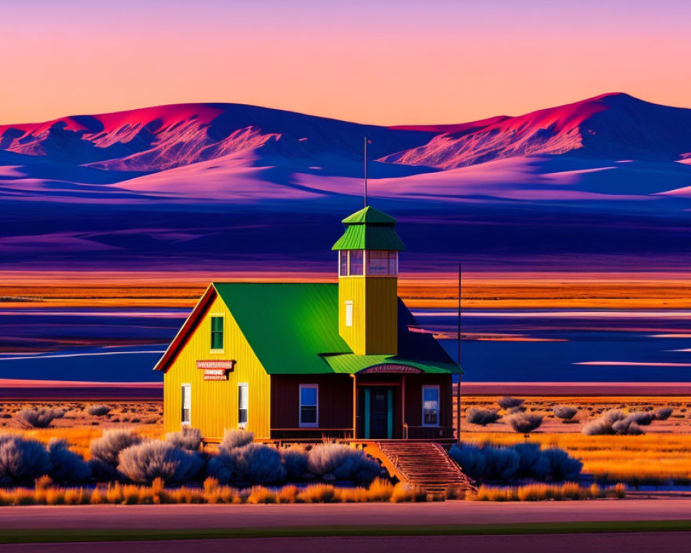 Colorful house with green roof and tower in front of purple mountains at sunset
