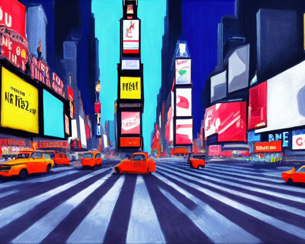 Colorful Times Square painting with blue tones and yellow taxis.