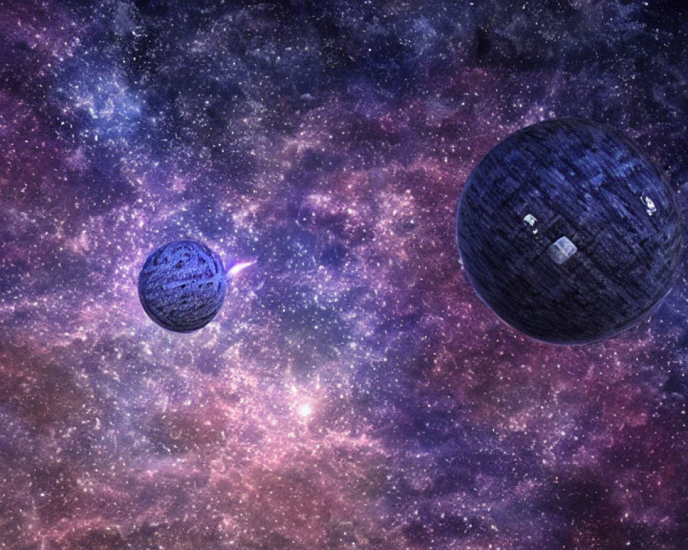 Spherical Death Star and planet in cosmic nebula.