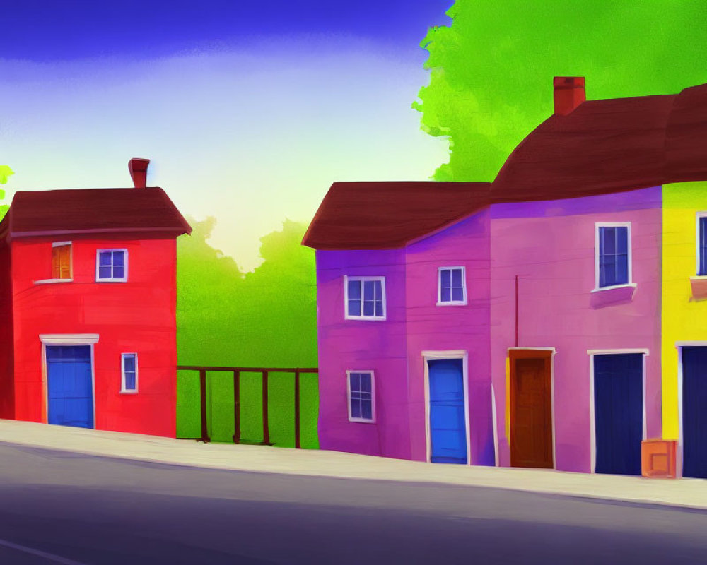 Colorful Cartoon-Style Houses in Vibrant Street Scene