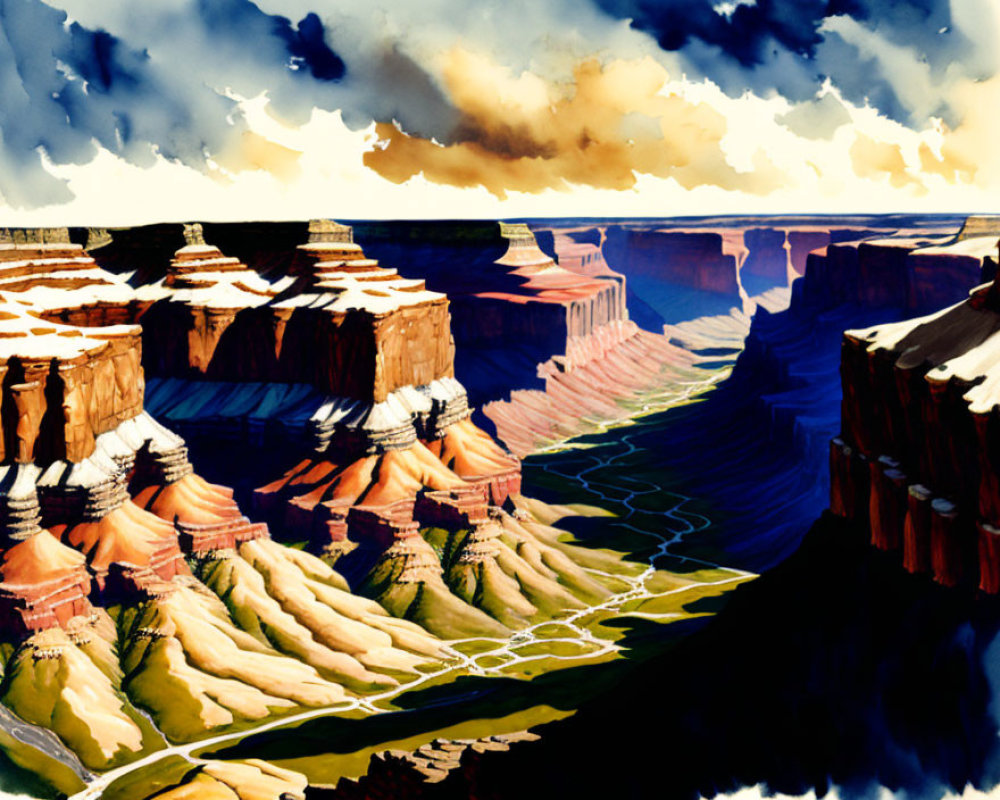 Vibrant Painting of Canyon with Rock Formations and River