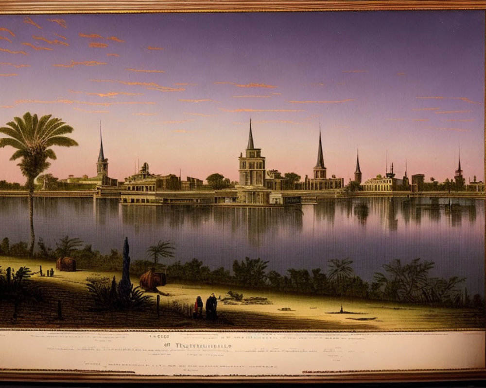 Vintage cityscape print with spires and calm water reflection in pink-hued sky
