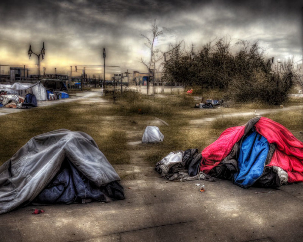 Urban scene with makeshift shelters and litter under overcast sky