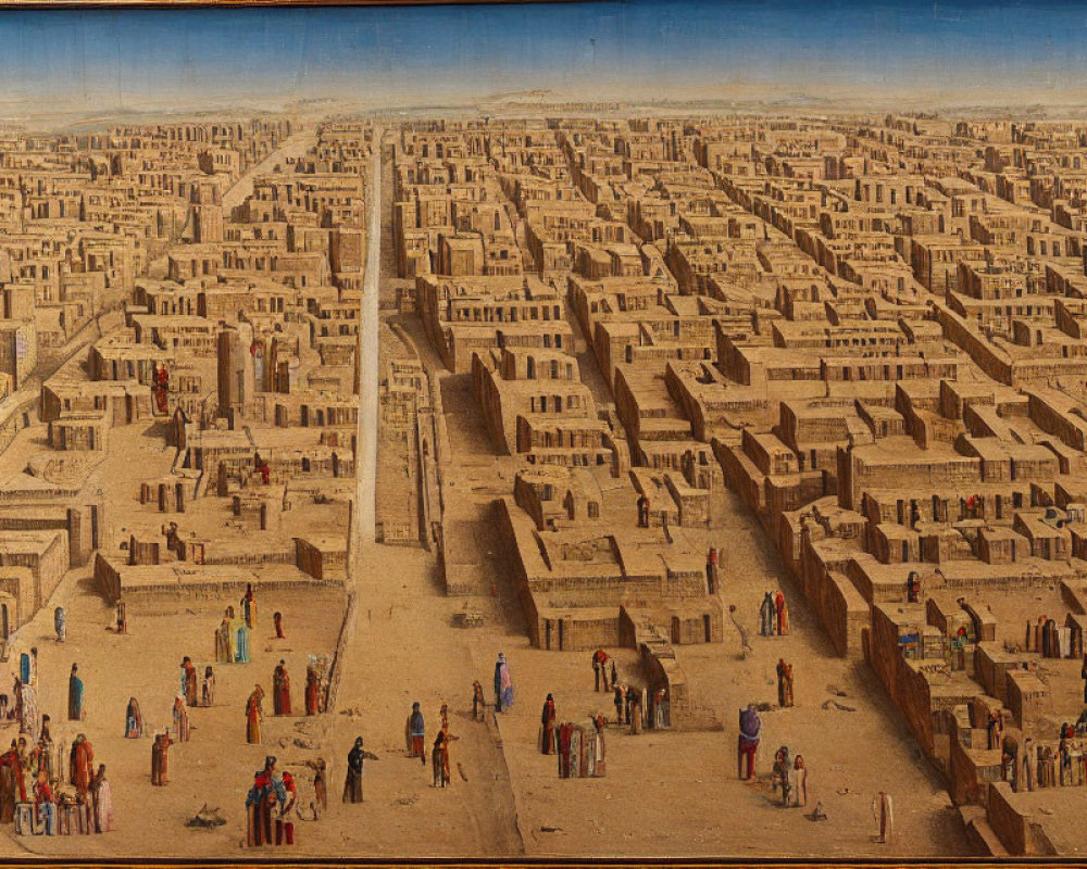 Detailed painting of ancient cityscape with uniform structures and period attire.