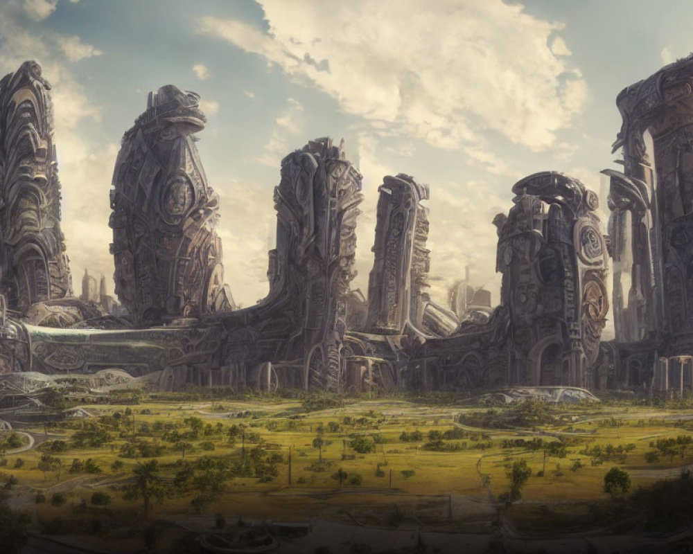 Ancient overgrown city ruins in vast landscape