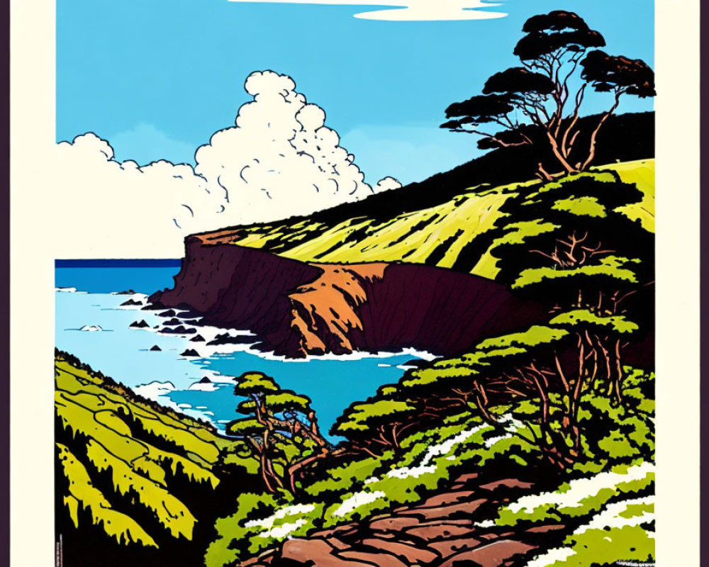 Colorful Coastal Cliff Illustration with Trees and Sea