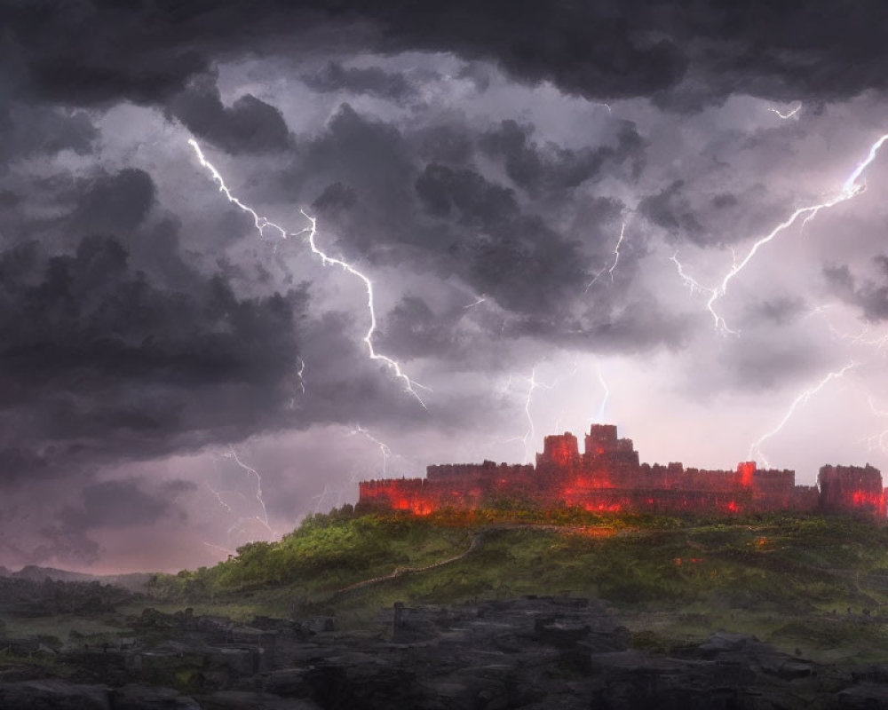 Majestic castle on hill with red lighting, stormy sky & lightning bolts
