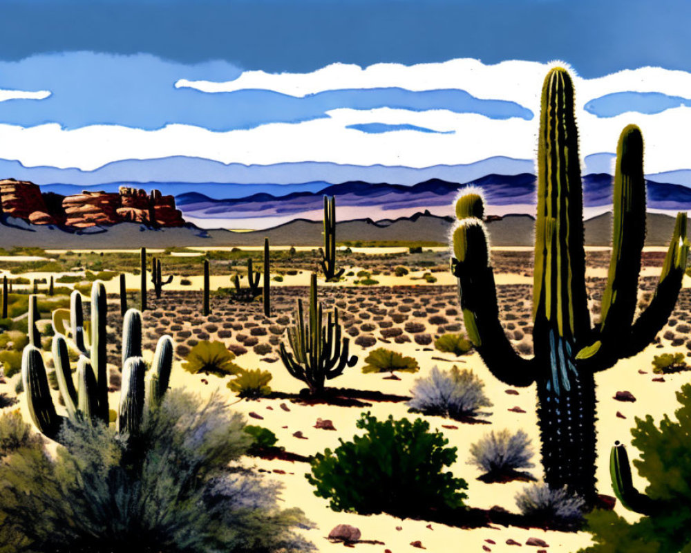 Desert landscape with towering cacti and red rock formations