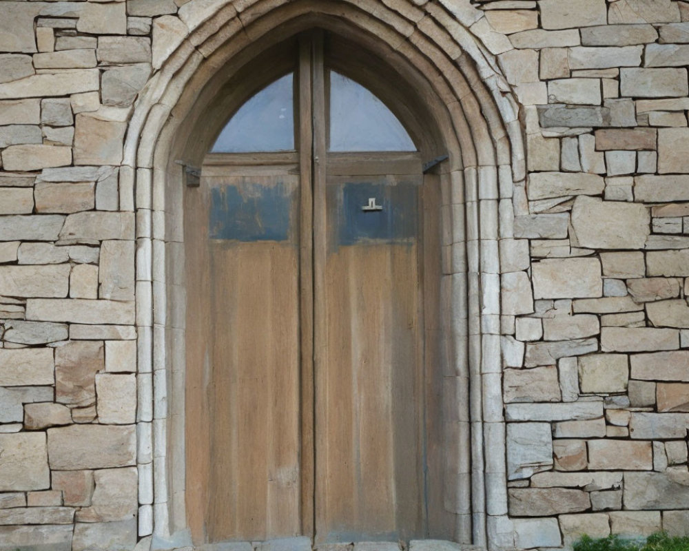 Weathered wooden arched door in stone wall with aged bricks