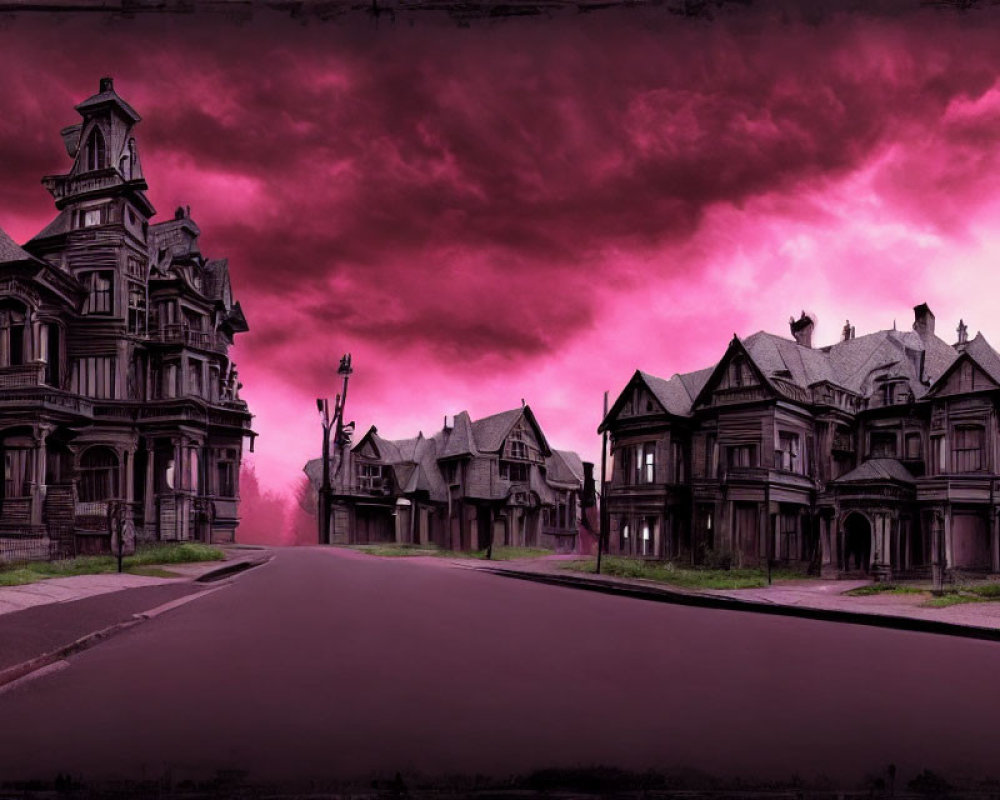 Victorian-style houses on a street under a dramatic purple sky with a streetlamp.