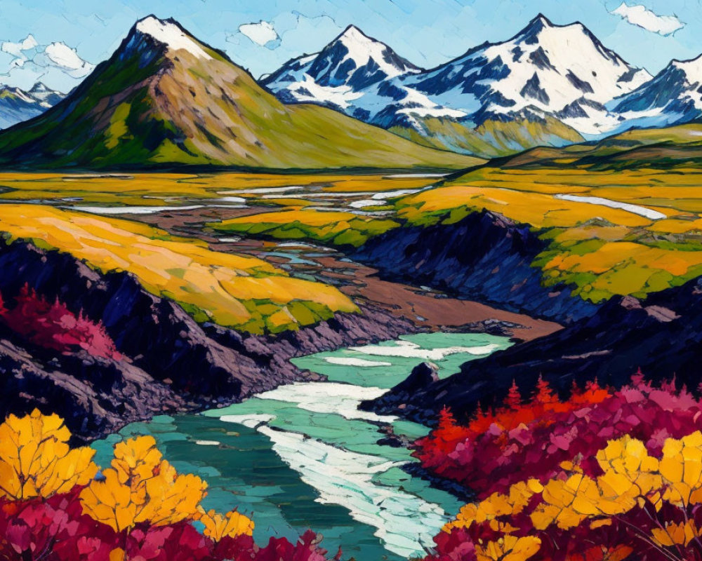 Colorful Mountain Landscape Painting with River in Autumn Theme