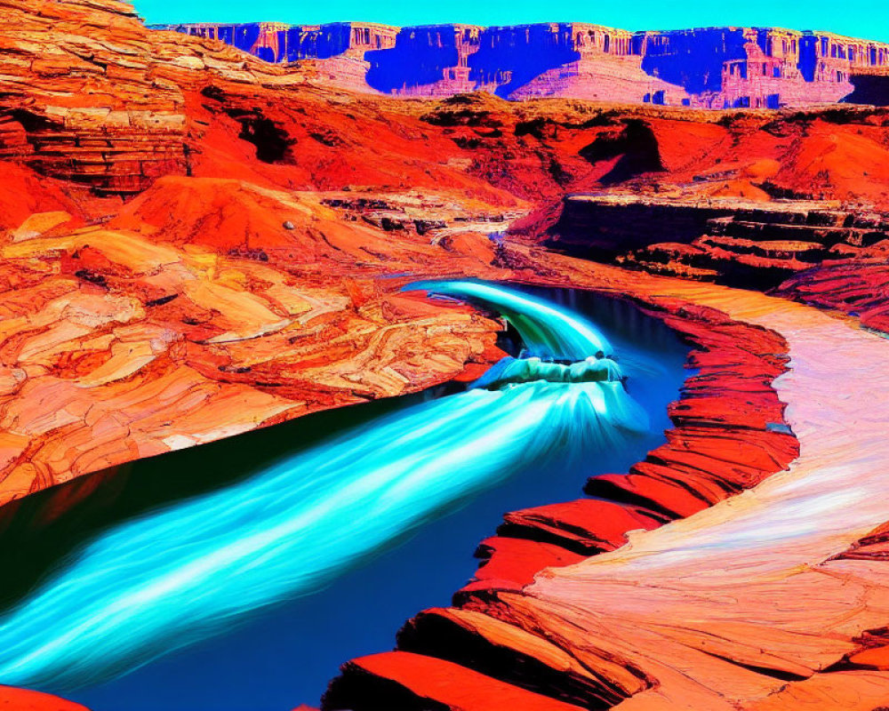 Saturated river winding through red canyon with blue waters