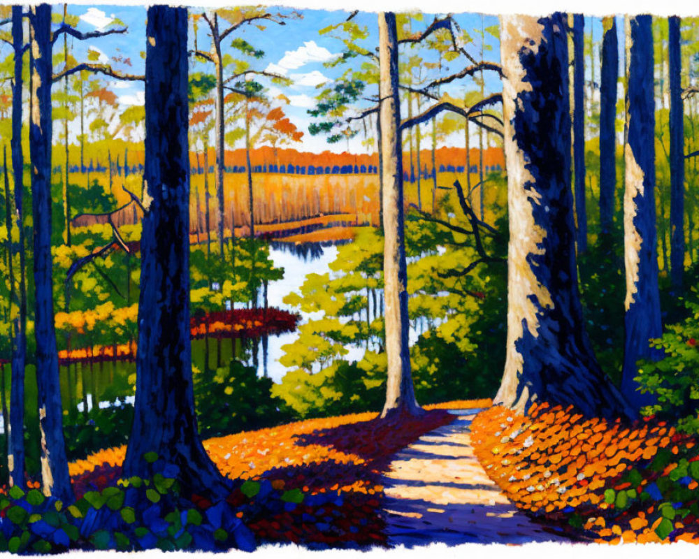 Scenic forest painting with path to blue lake and autumn trees