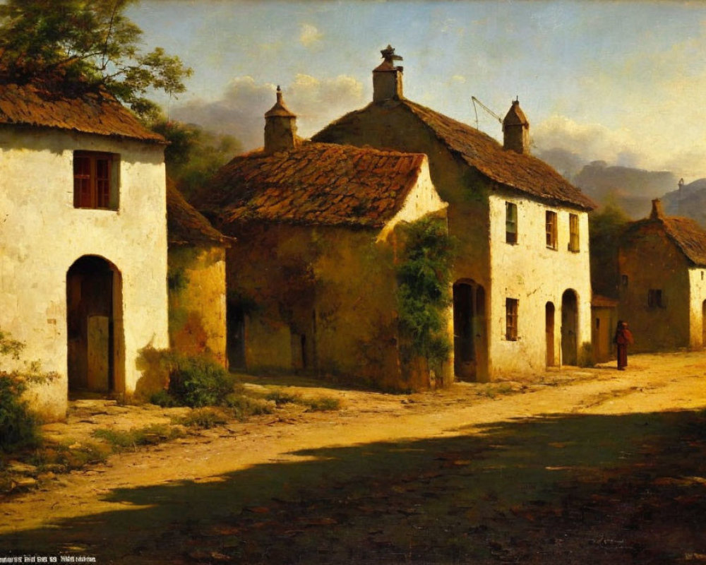 Rustic village with white stucco houses and figure in red under warm light