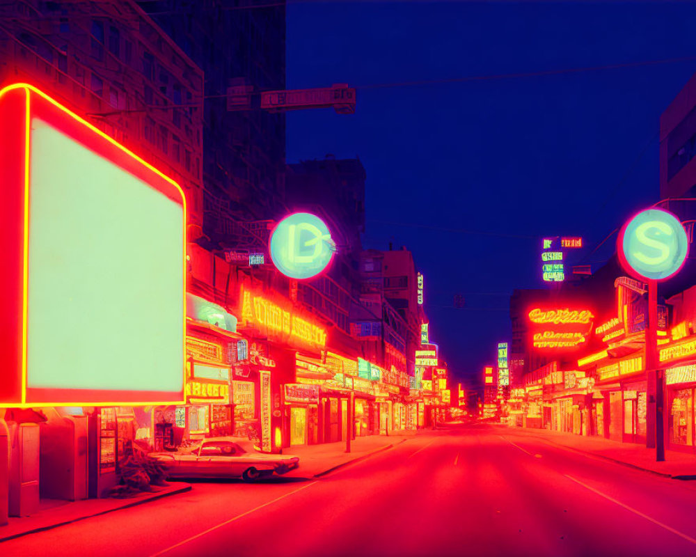 Neon-lit nighttime street with retro futuristic vibe