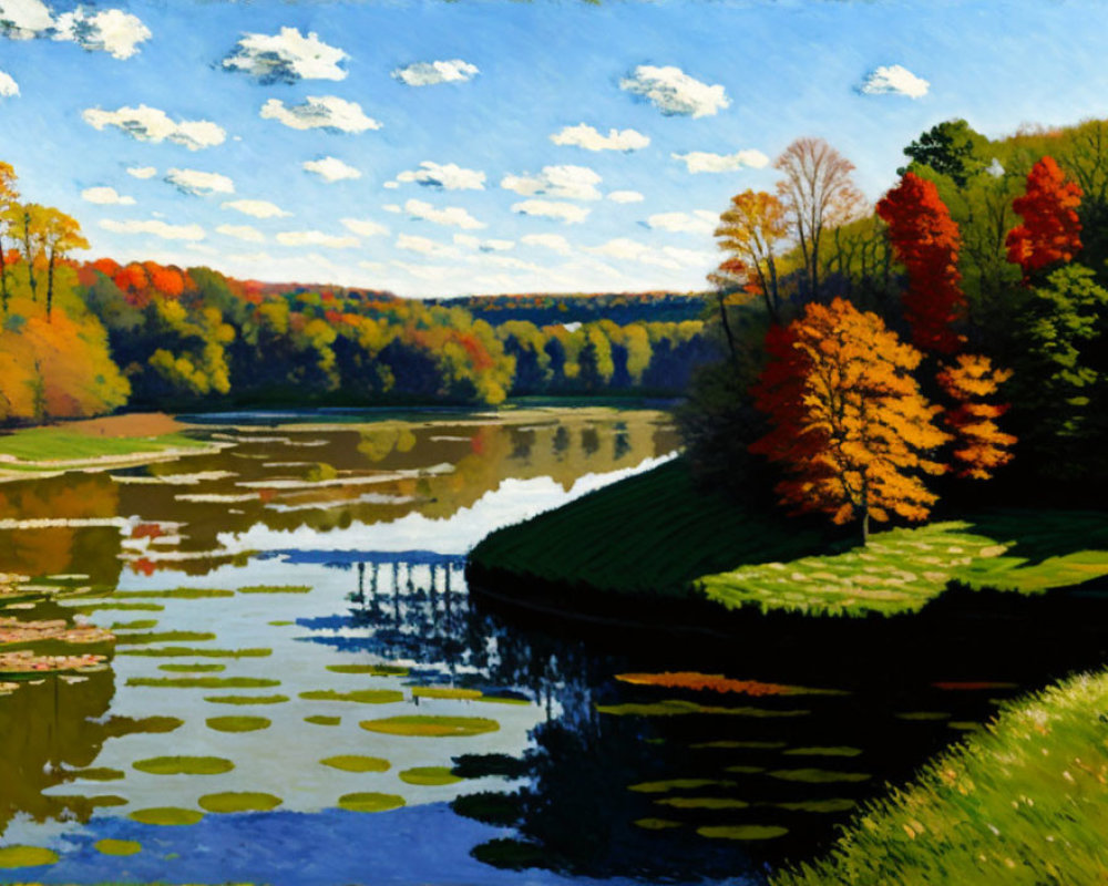 Serene autumn lake painting with reflections and blue sky