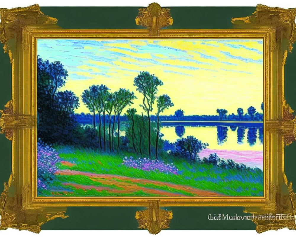 Serene riverside painting with tall trees and blue sky