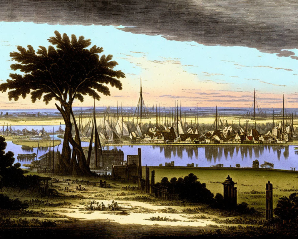 Vintage illustration of tranquil riverside scene at dusk with boats and tree.