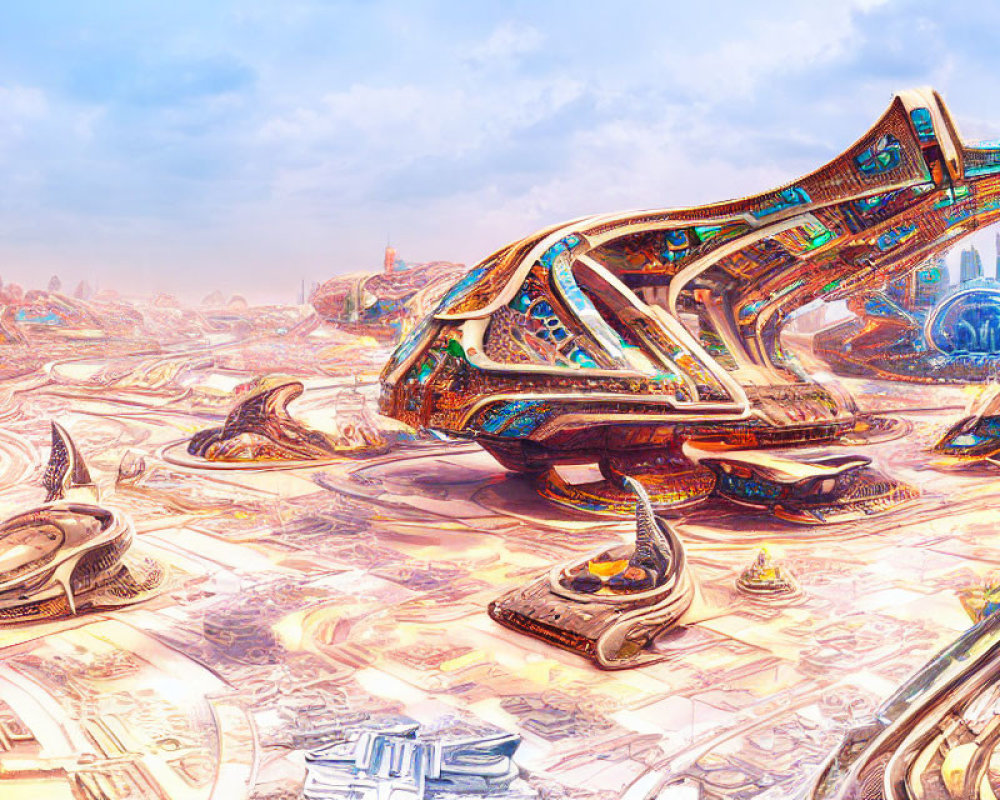 Futuristic cityscape with organic vehicles & flowing architecture