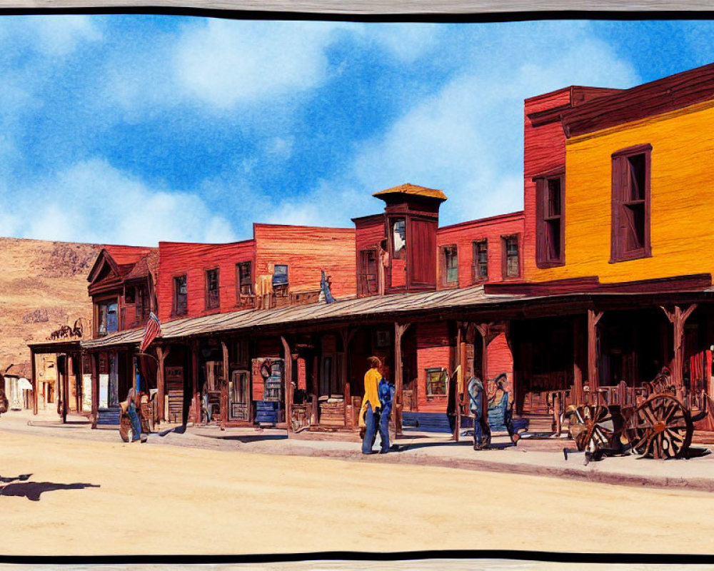 Vibrant Old West town scene with dusty street, wooden buildings, and carriage.