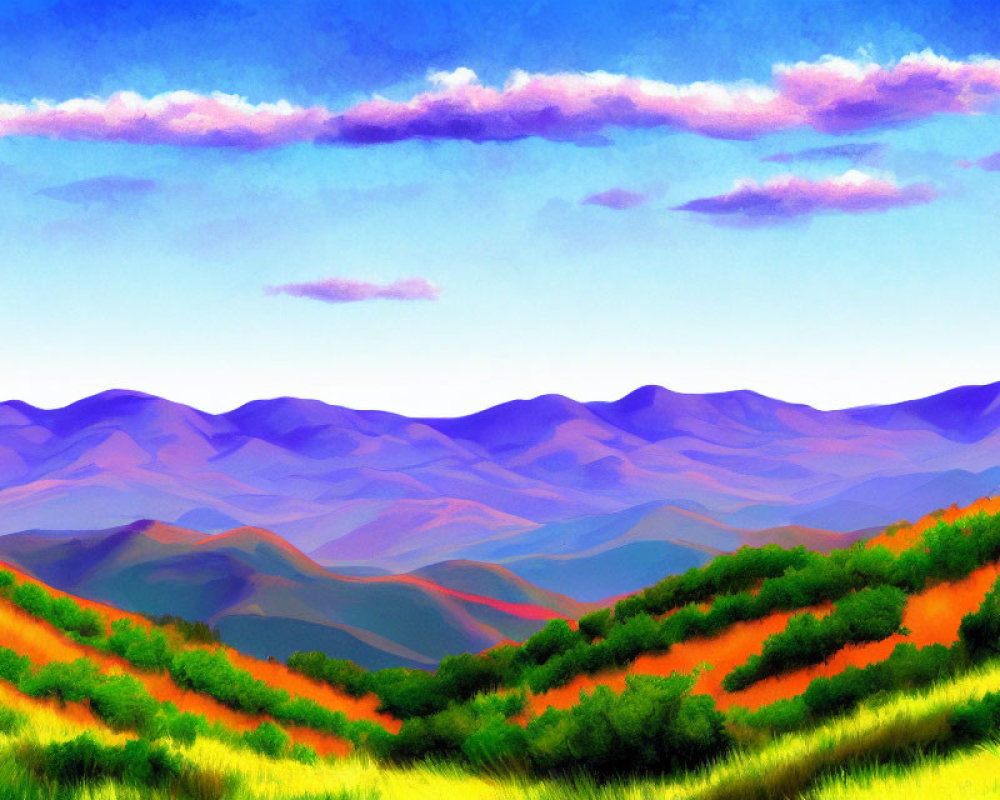 Colorful digital painting of layered mountain ranges with orange and green foliage under a pastel sky.